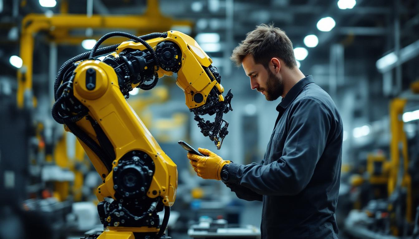 A photograph of a skilled technician operating a shoulder mount deer industrial robot in a well-lit workshop