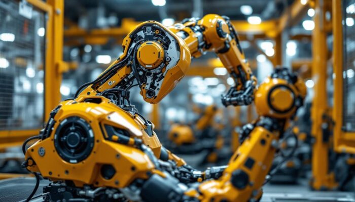 A photograph of a sleek industrial robot in action within a high-tech manufacturing environment