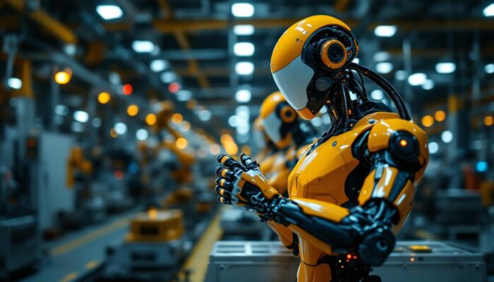 A photograph of a sleek industrial robot in action
