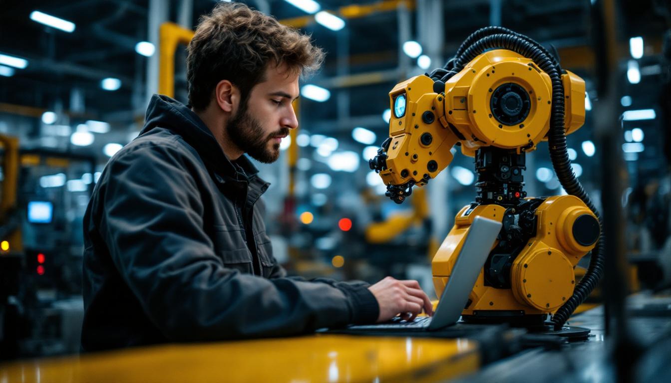 A photograph of a skilled technician programming or operating an industrial robot in a modern manufacturing facility
