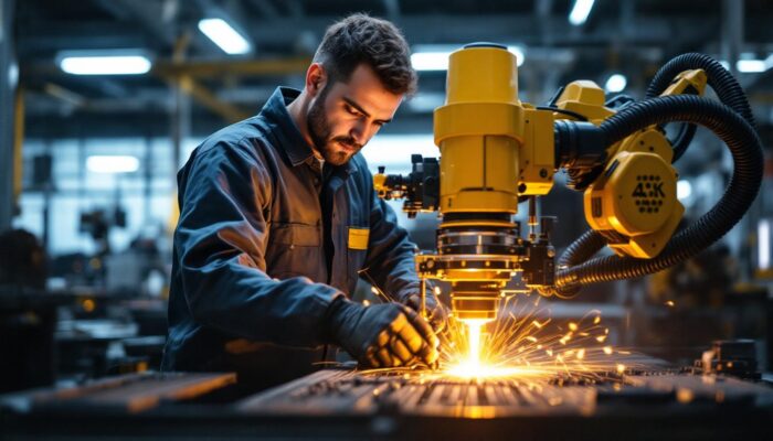 A photograph of a skilled laser technician operating advanced industrial robotic equipment in a modern workshop