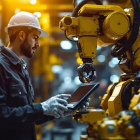 A photograph of a skilled technician programming or operating an industrial robot in a dynamic manufacturing environment