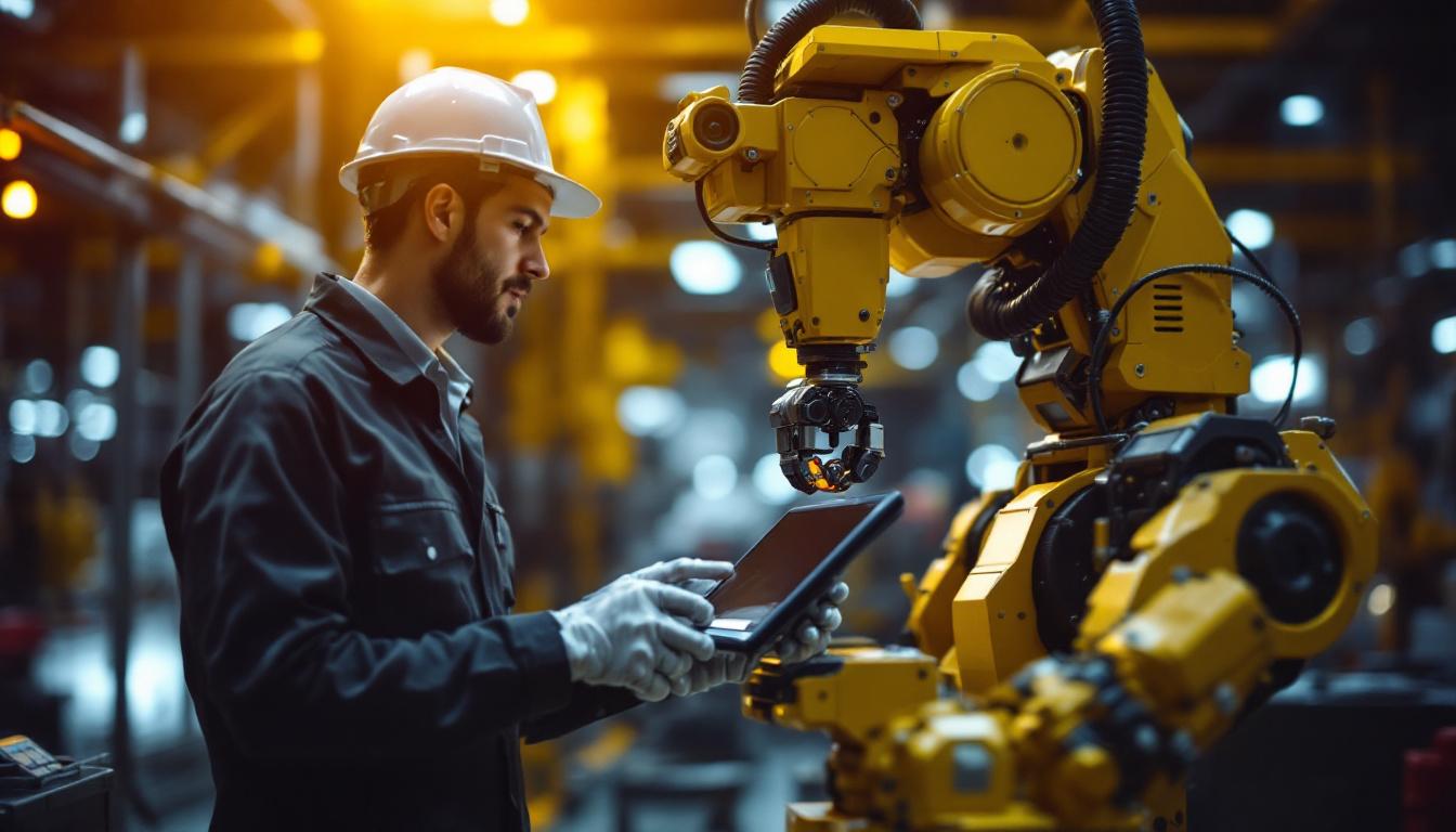 A photograph of a skilled technician programming or operating an industrial robot in a dynamic manufacturing environment