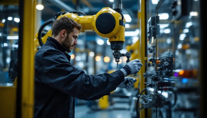 A photograph of a skilled operator adjusting the settings on an industrial robotic arm