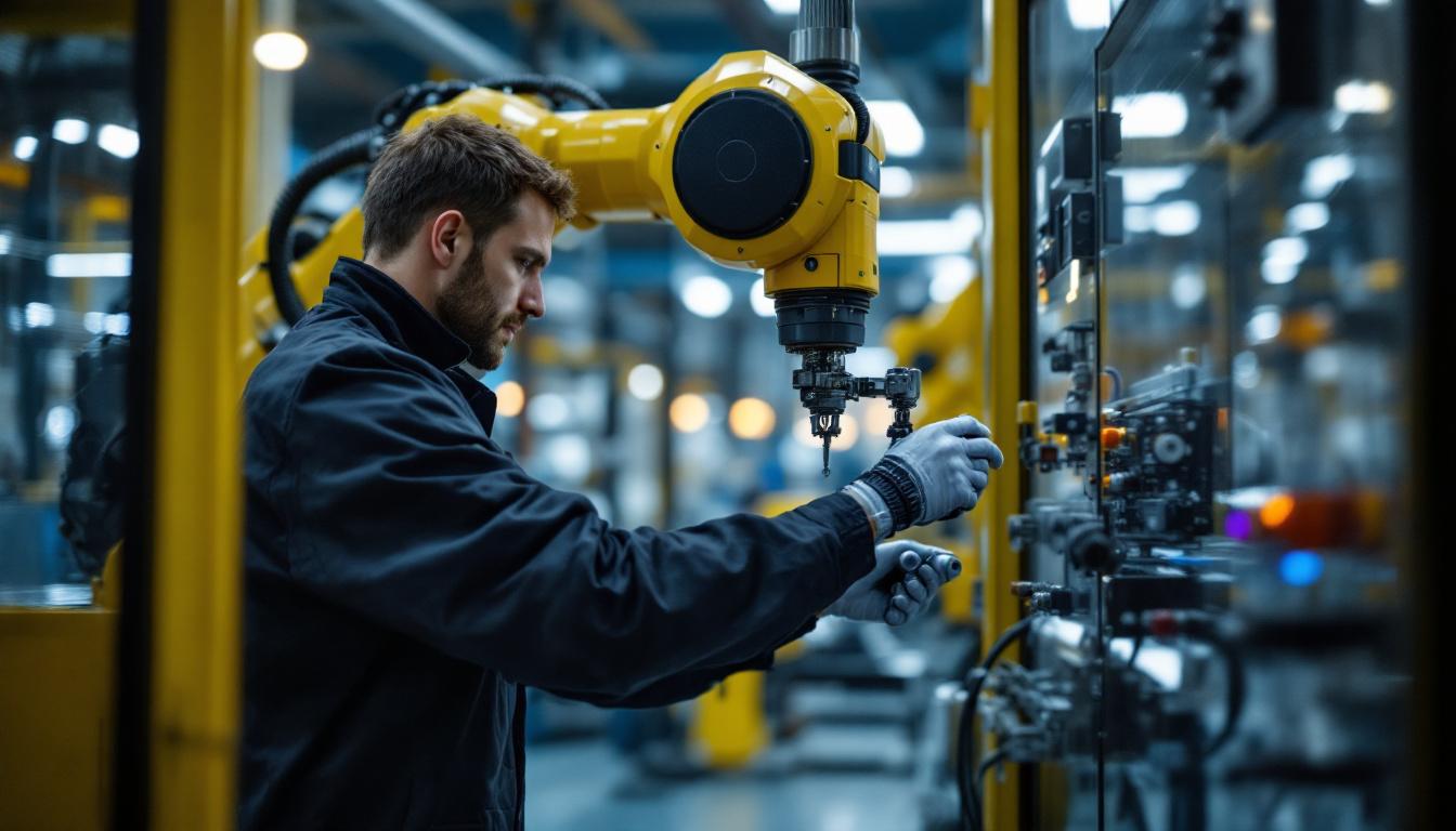A photograph of a skilled operator adjusting the settings on an industrial robotic arm