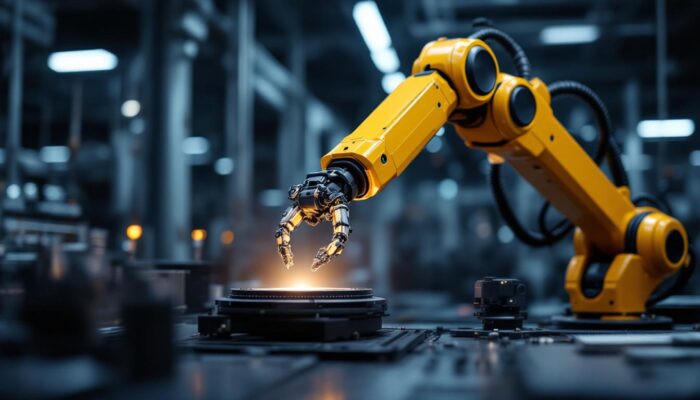 A photograph of a sleek industrial robotic arm in action