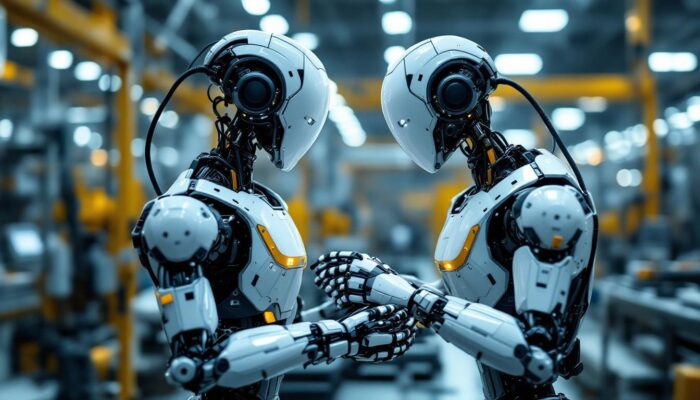 A photograph of a sleek industrial robot in action within a factory setting