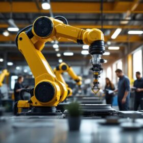 A photograph of a modern industrial workspace featuring a robotic arm in action