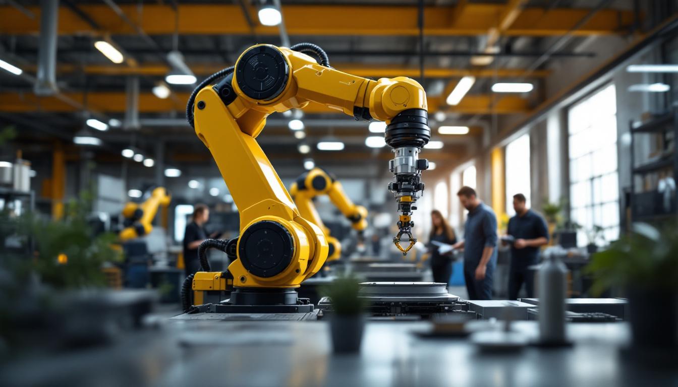 A photograph of a modern industrial workspace featuring a robotic arm in action
