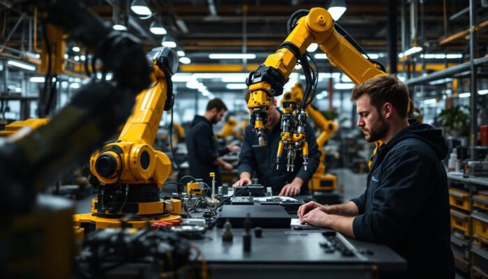 A photograph of a dynamic industrial robotics workspace in boston