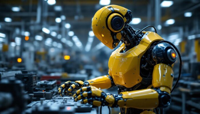 A photograph of a sleek industrial robot in action on a factory floor