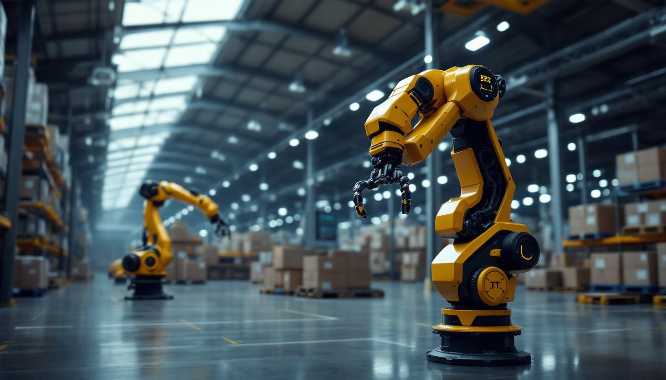 A photograph of a modern indoor warehouse space featuring advanced industrial robots in action