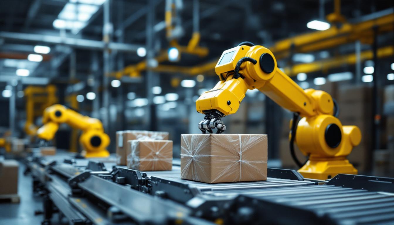 A photograph of a sleek industrial stretch machine in action