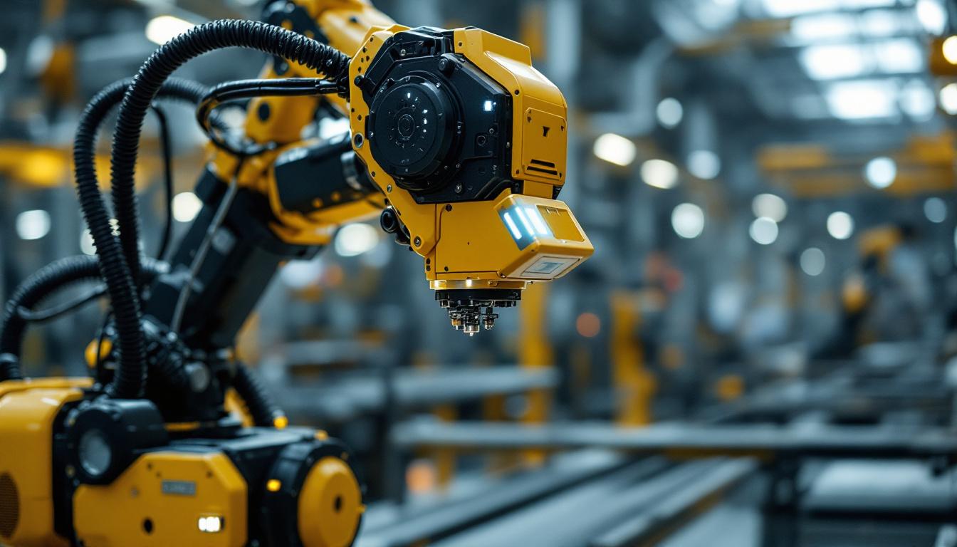 A photograph of a high-tech industrial robot equipped with a lidar system in an active manufacturing environment