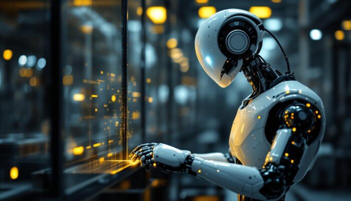 A photograph of a sleek industrial robot in action