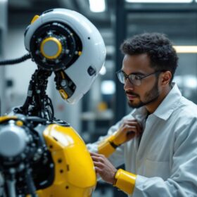 A photograph of a biomedical engineering intern working hands-on with an industrial robot in a lab setting