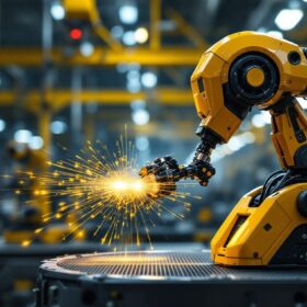 A photograph of a high-tech industrial robot equipped with a lidar sensor in an active manufacturing environment