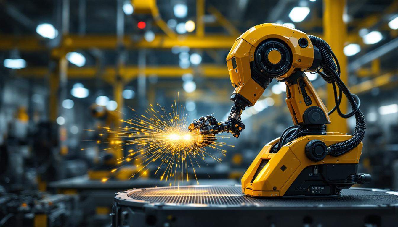 A photograph of a high-tech industrial robot equipped with a lidar sensor in an active manufacturing environment