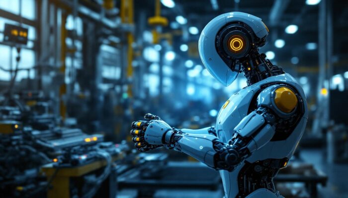 A photograph of a sleek industrial robot in action within a modern manufacturing facility