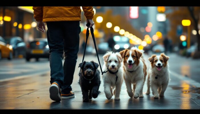 A photograph of a person walking multiple dogs in a vibrant urban setting