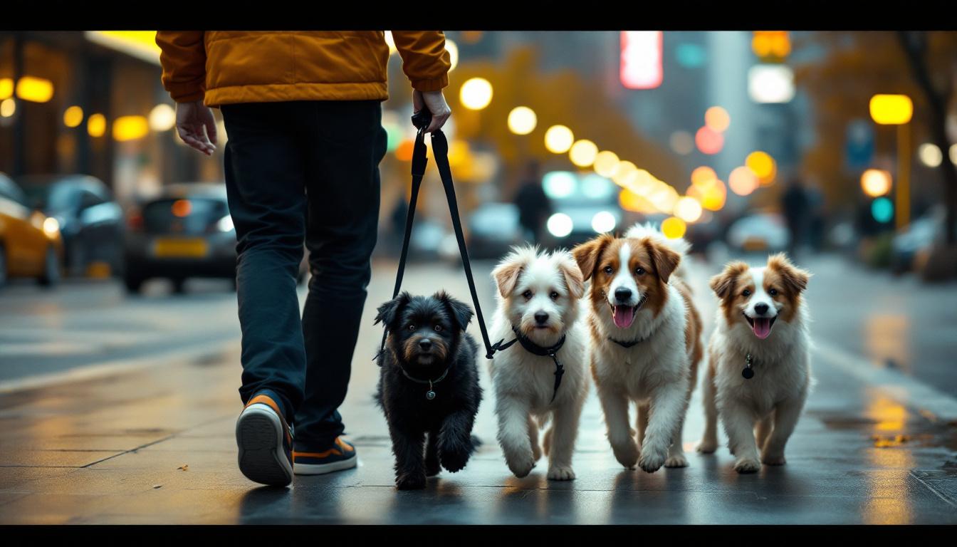 A photograph of a person walking multiple dogs in a vibrant urban setting