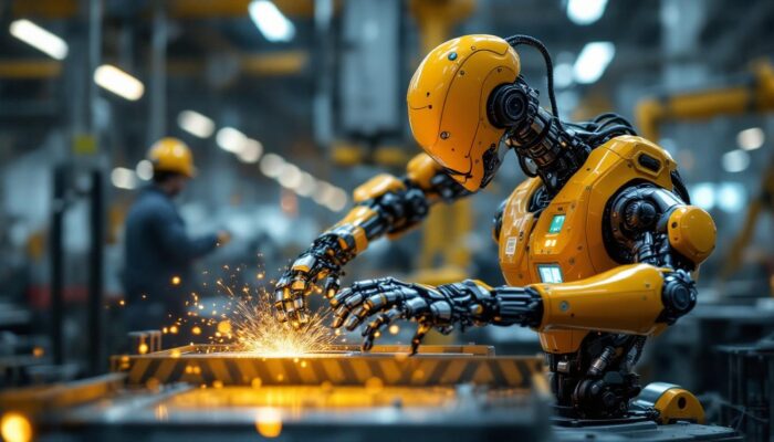 A photograph of a dynamic industrial robot in action within a manufacturing setting