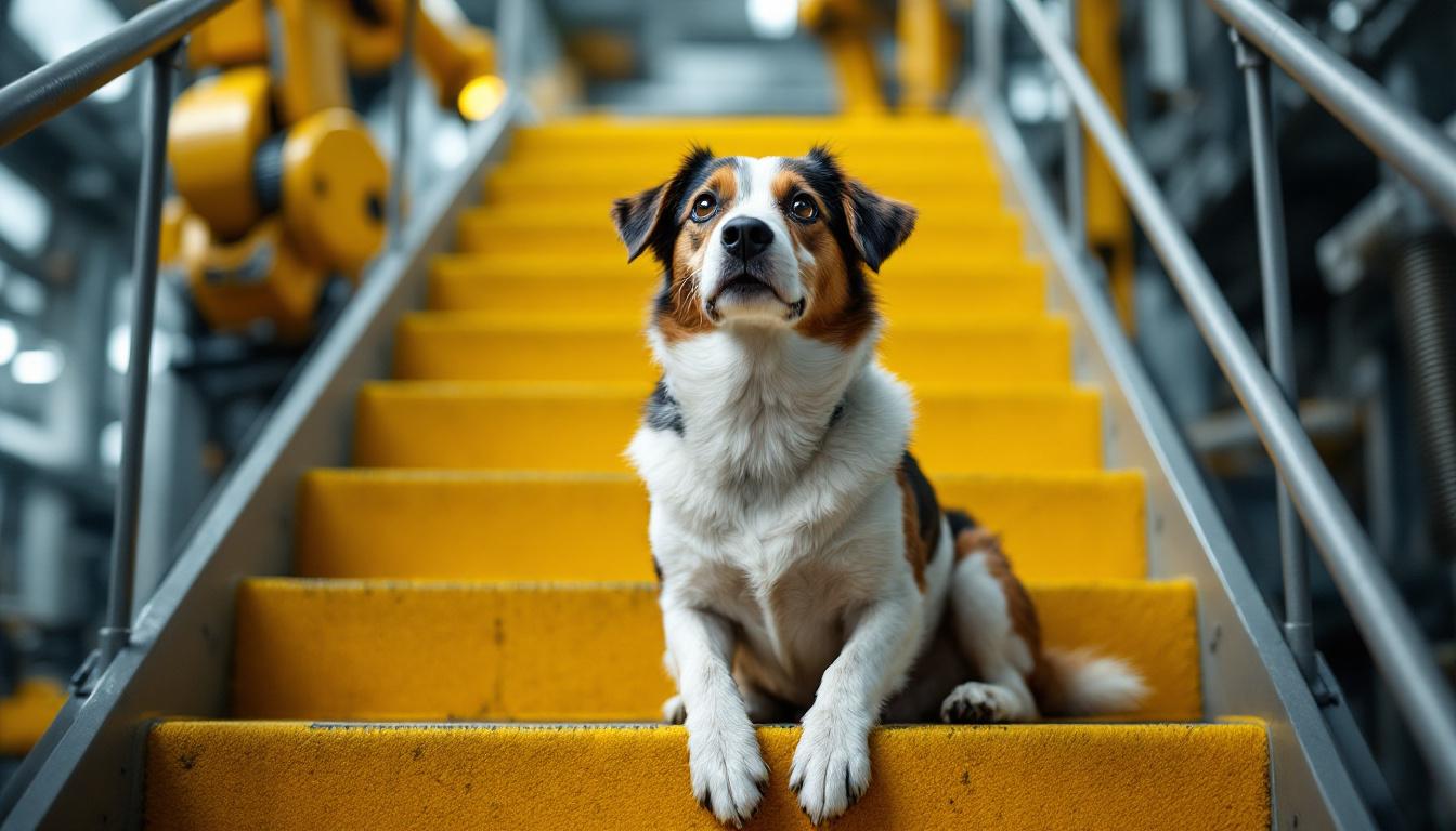 A photograph of a dog comfortably sitting on a staircase in a relaxed