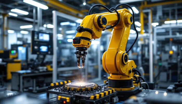 A photograph of a state-of-the-art industrial robotic arm in action within a semiconductor manufacturing facility