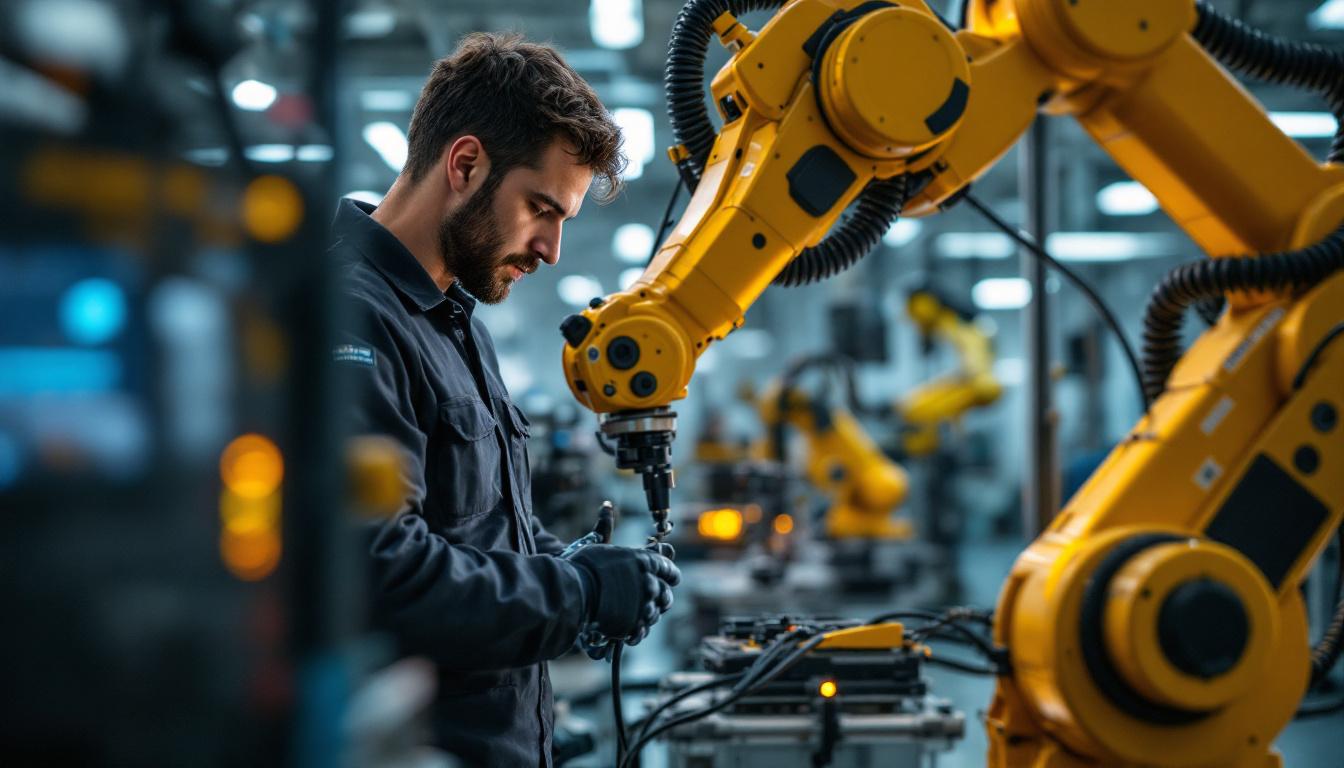 A photograph of a biomedical equipment technician working hands-on with industrial robotic equipment in a clinical setting