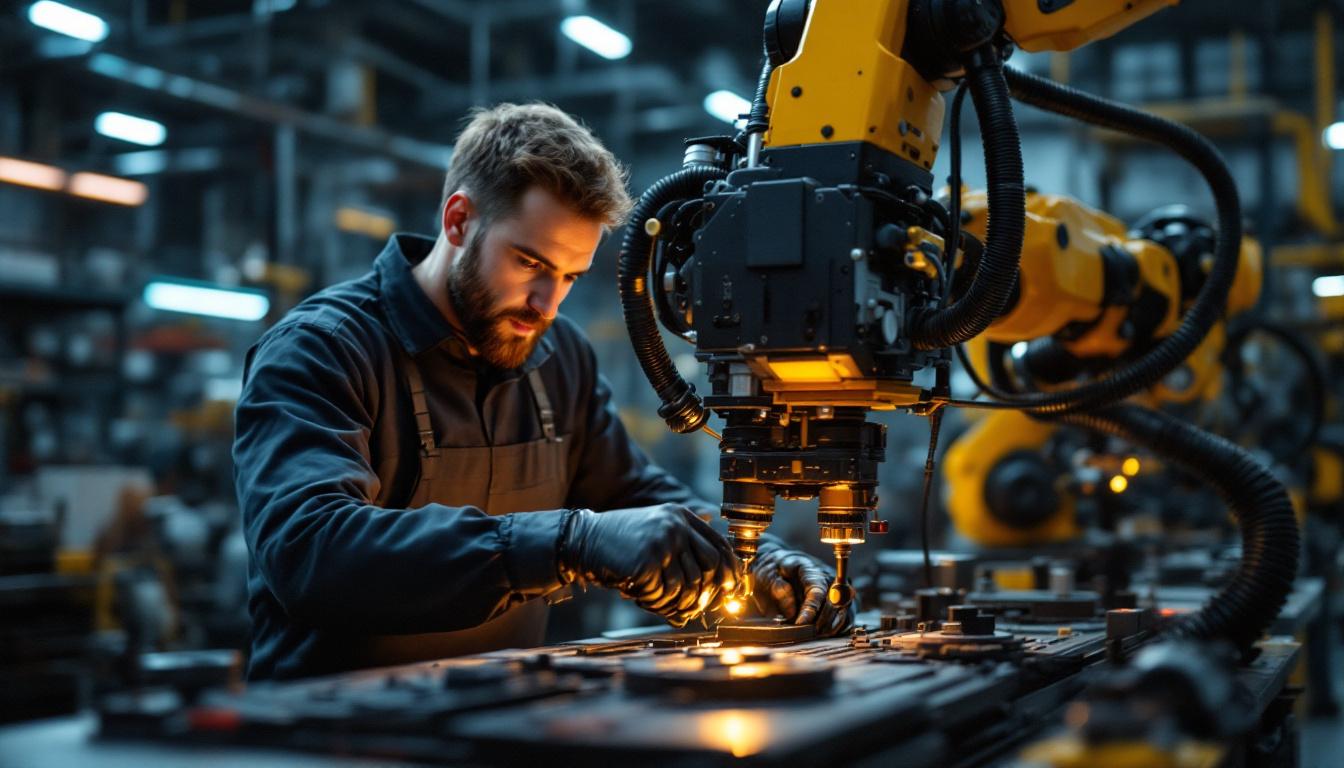 A photograph of a skilled mobile mechanic working on an industrial robotic system
