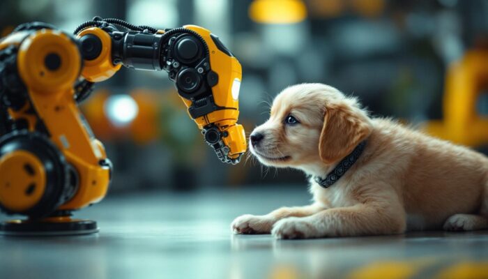 A photograph of a playful puppy interacting with a colorful robotic arm in a bright