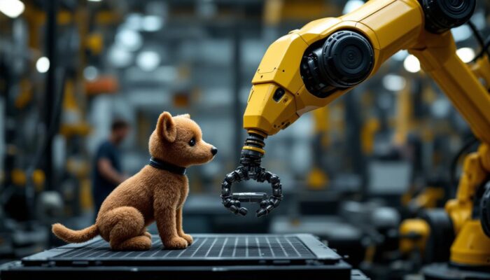 A photograph of a sleek industrial robotic arm manipulating a toy dog