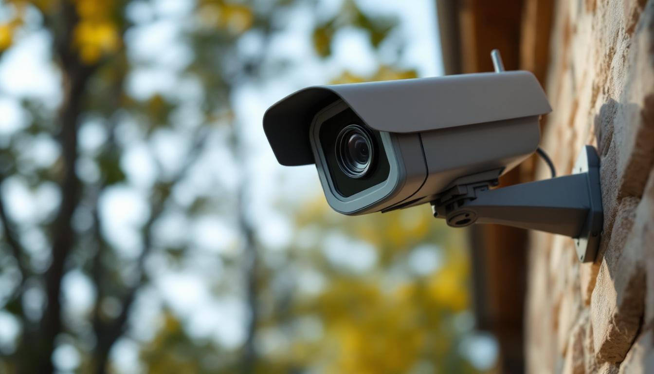 A photograph of a realistic outdoor dummy security camera mounted on a building or tree