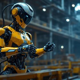 A photograph of a cutting-edge industrial robot in action within a construction environment