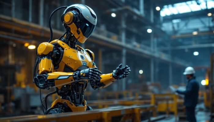 A photograph of a cutting-edge industrial robot in action within a construction environment