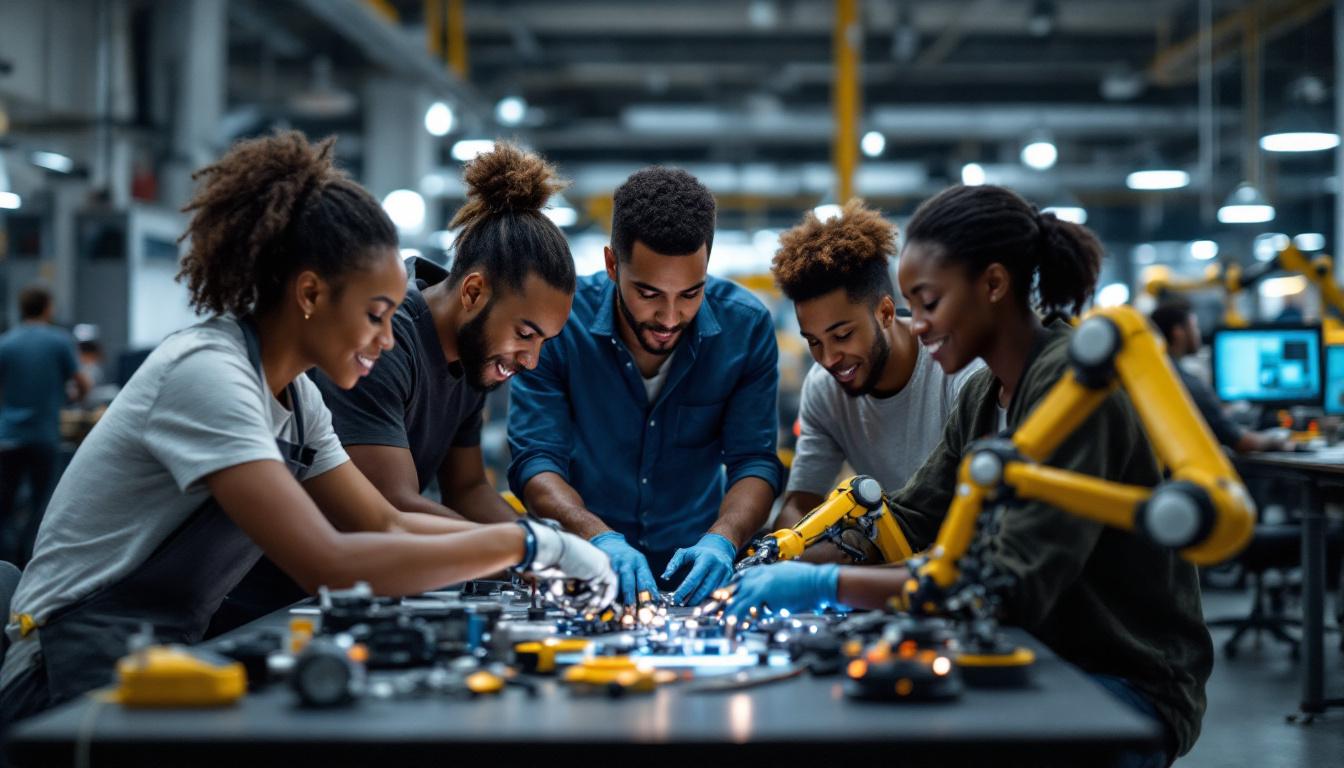 A photograph of a dynamic scene showcasing a group of diverse summer interns engaged in hands-on work with industrial robots in a modern boston workspace