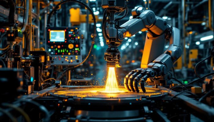 A photograph of a sleek industrial robotic arm in action