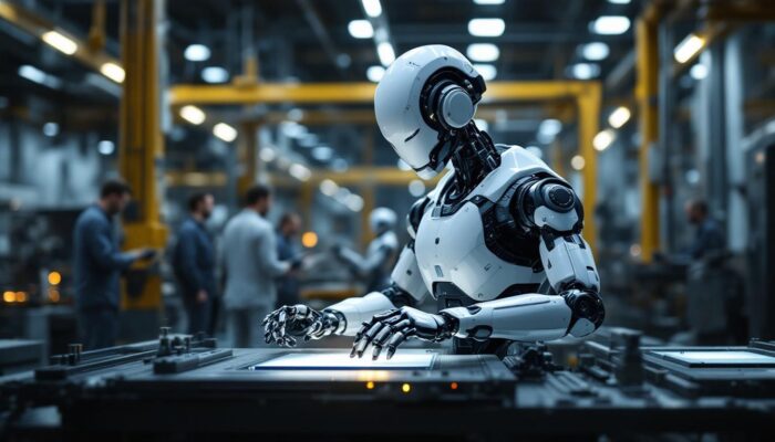 A photograph of a sleek industrial robot in action within a high-tech manufacturing environment