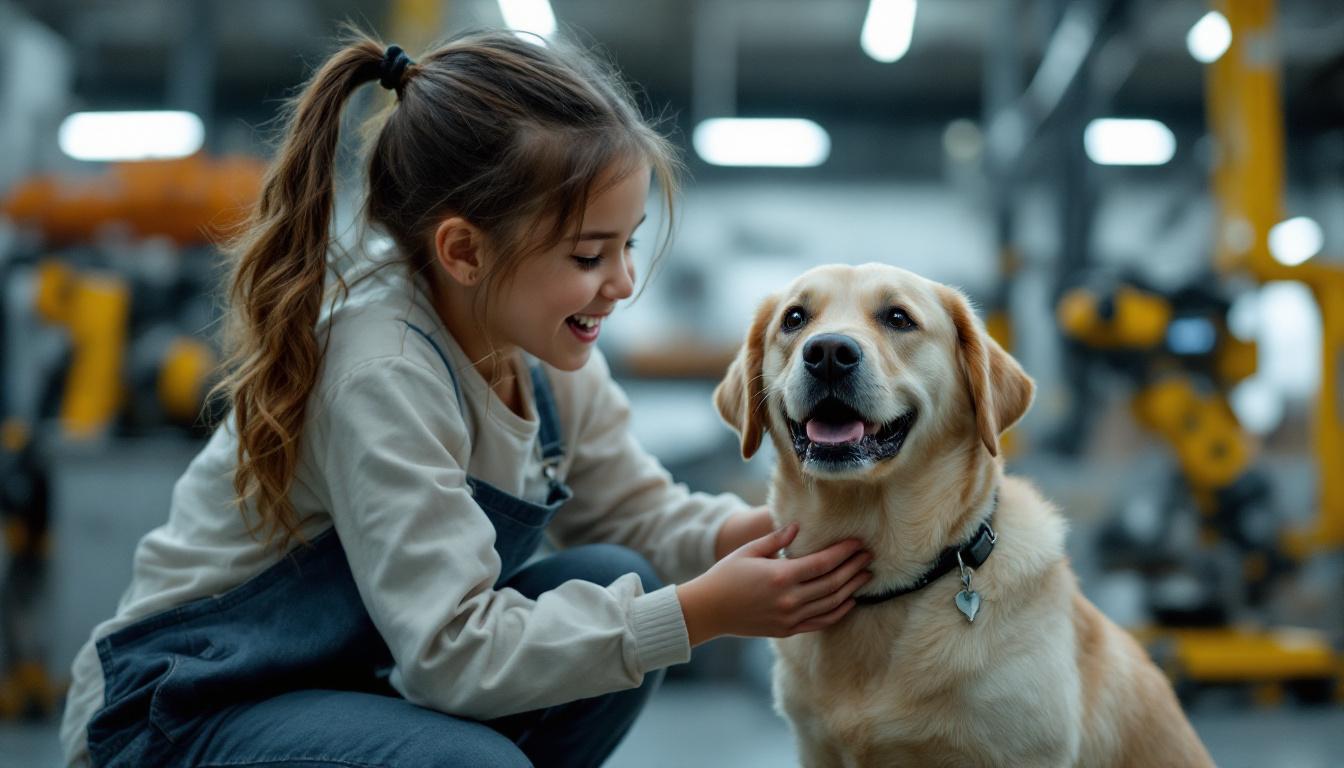 A photograph of a playful girl interacting with a friendly labrador retriever in an industrial setting