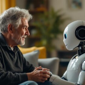 A photograph of a friendly companion robot interacting with an adult in a cozy home setting