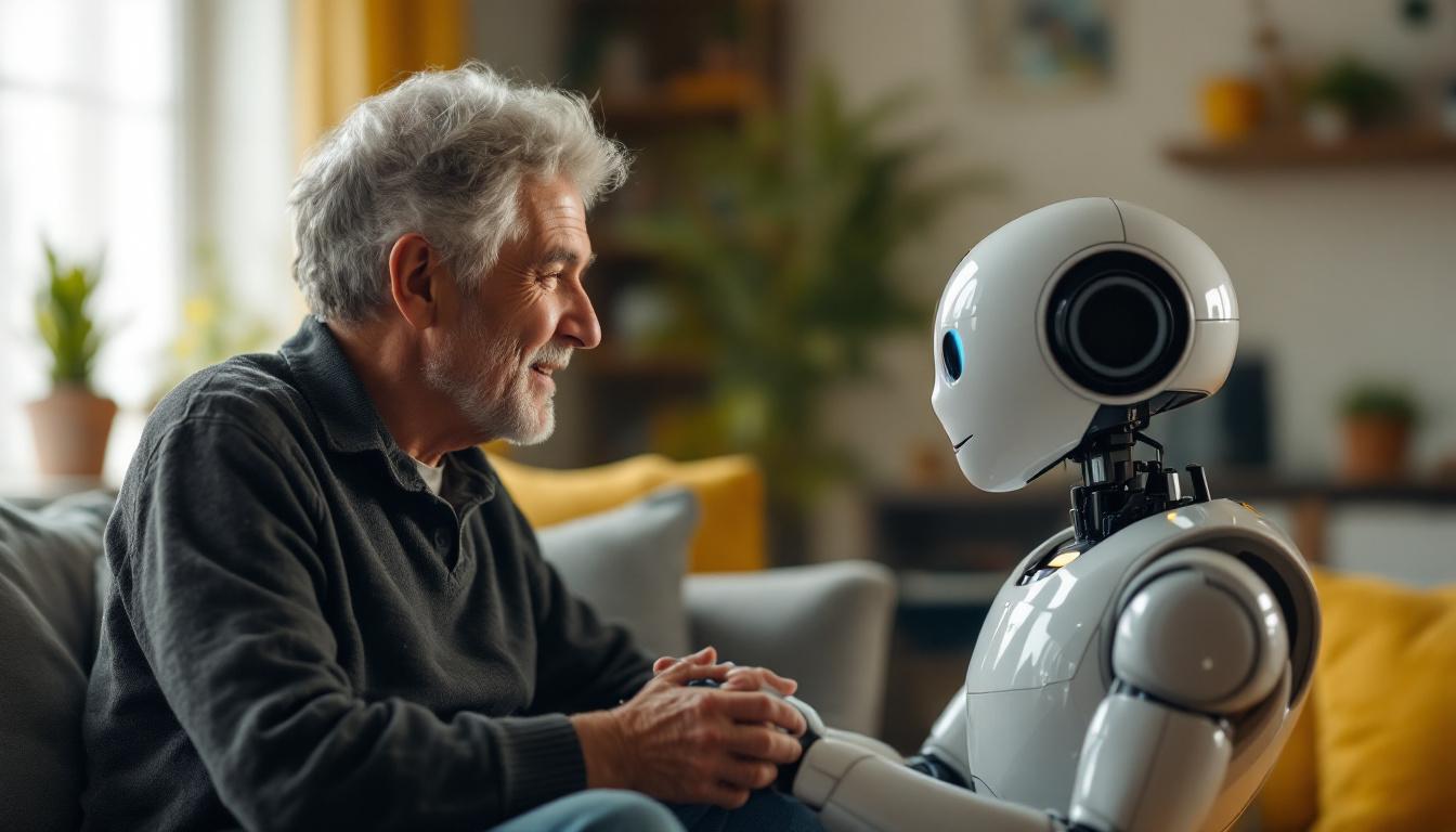 A photograph of a friendly companion robot interacting with an adult in a cozy home setting