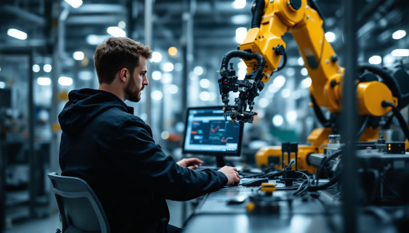 A photograph of a skilled monitor technician working on an industrial robotic system