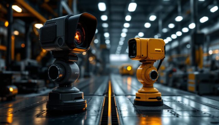 A photograph of a side-by-side comparison of an infrared camera and a thermal camera in an industrial setting