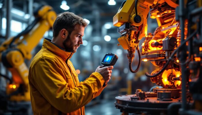 A photograph of capture a photograph of a skilled technician using a thermal imaging camera to inspect industrial robotic equipment in a manufacturing setting