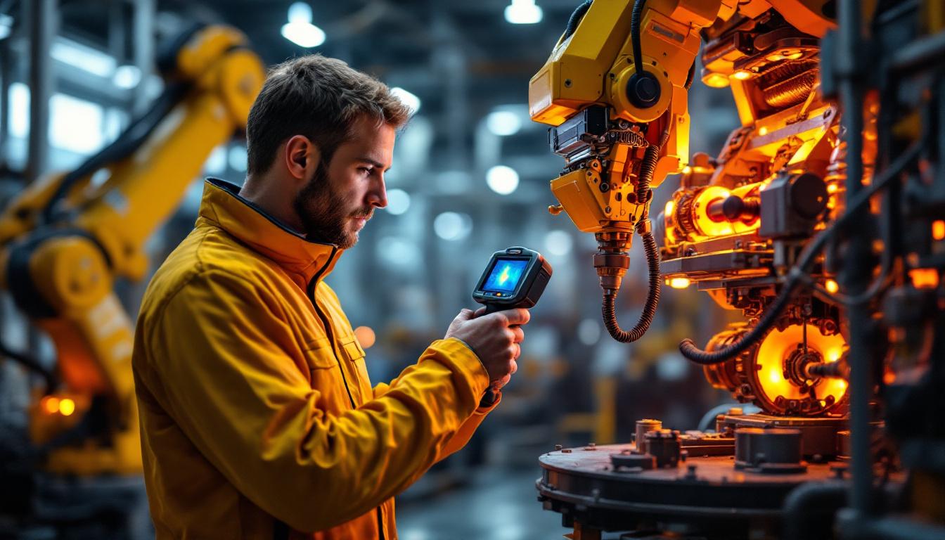 A photograph of capture a photograph of a skilled technician using a thermal imaging camera to inspect industrial robotic equipment in a manufacturing setting