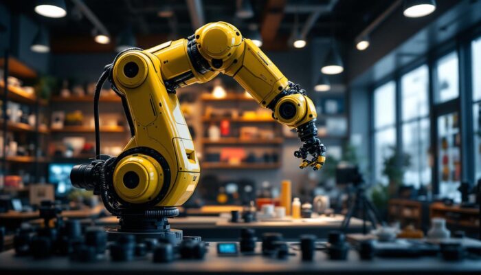 A photograph of a sleek industrial robotic arm in action