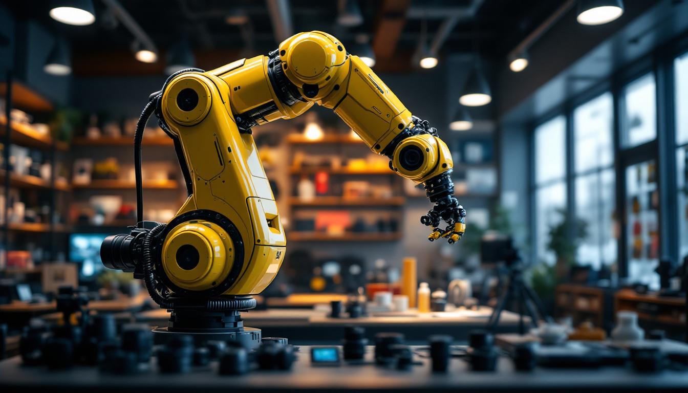 A photograph of a sleek industrial robotic arm in action
