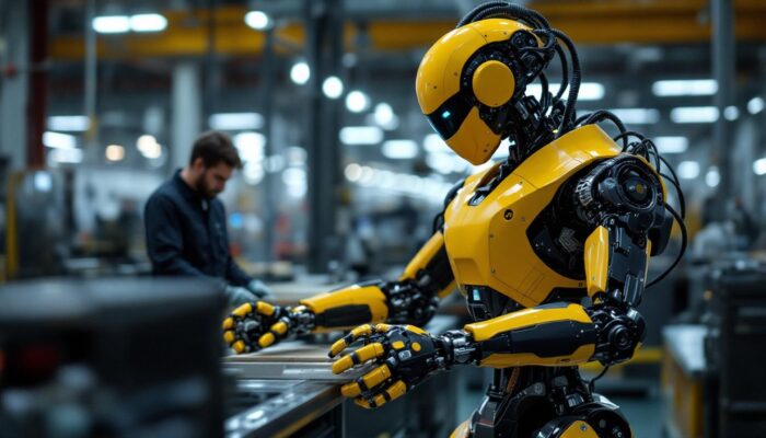 A photograph of a sleek industrial robot in action within a boston-based manufacturing facility