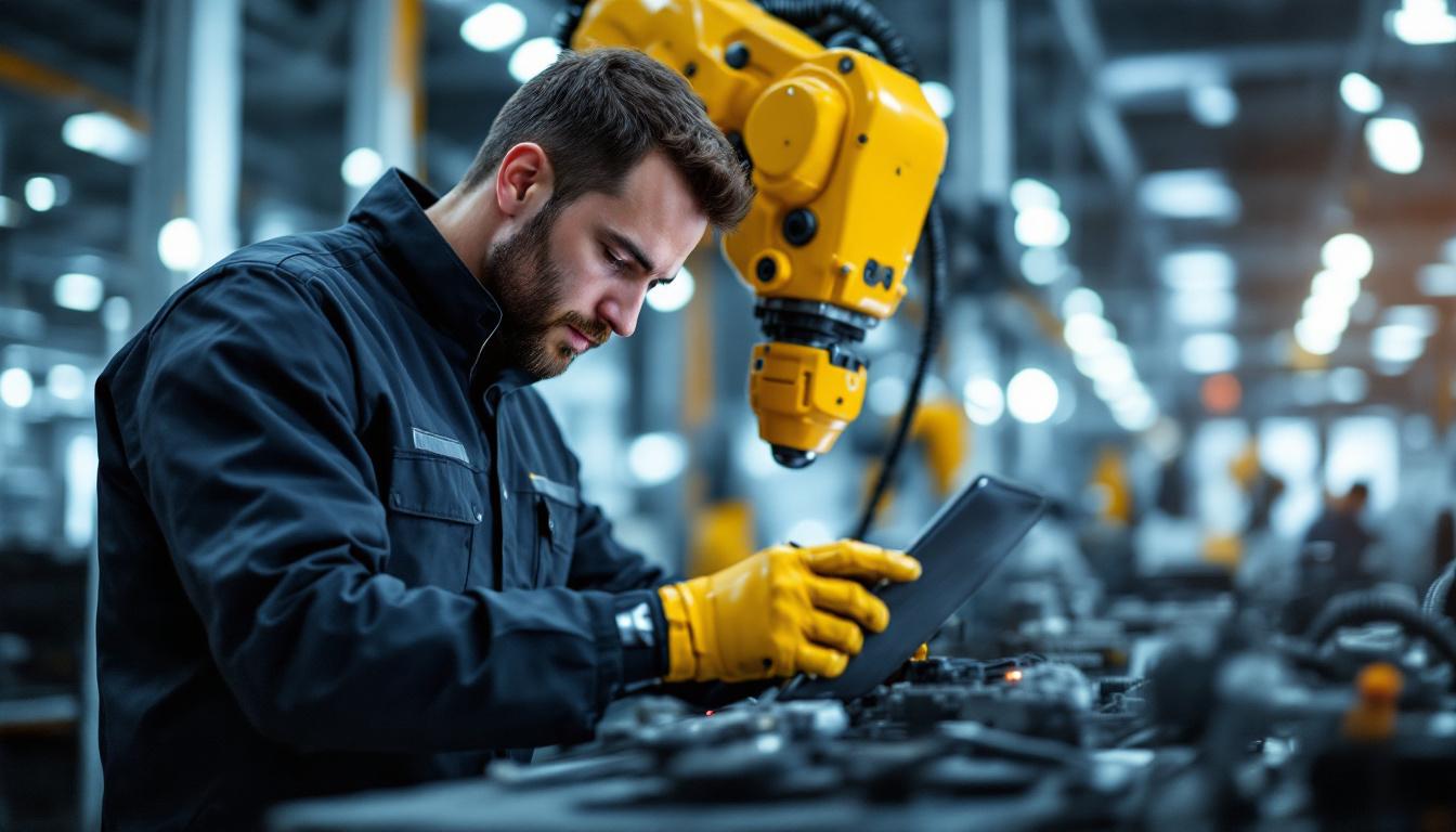 A photograph of a skilled technician working alongside an industrial robot in a modern manufacturing environment