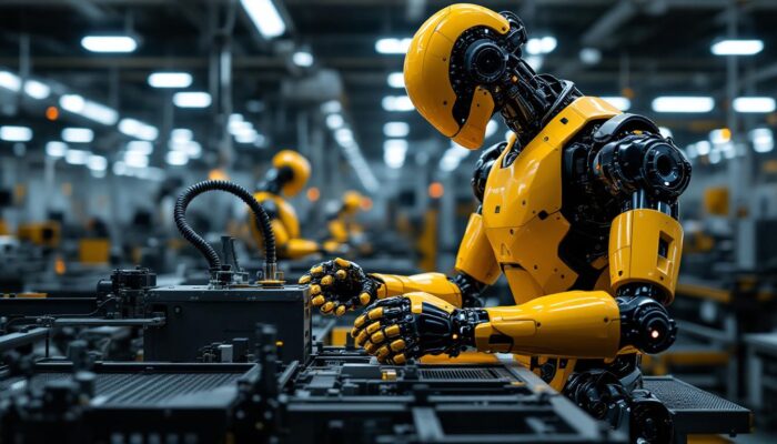 A photograph of a sleek industrial robot in action within a modern manufacturing environment